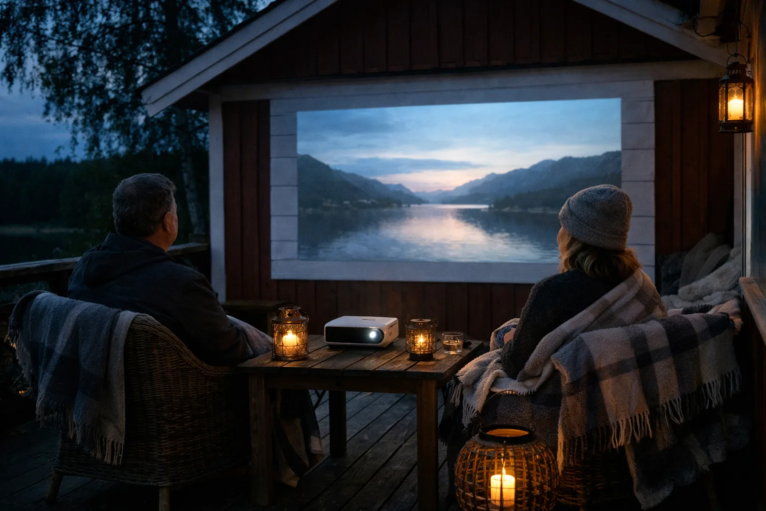 Bärbar projektor som visar film på en vägg utomhus.