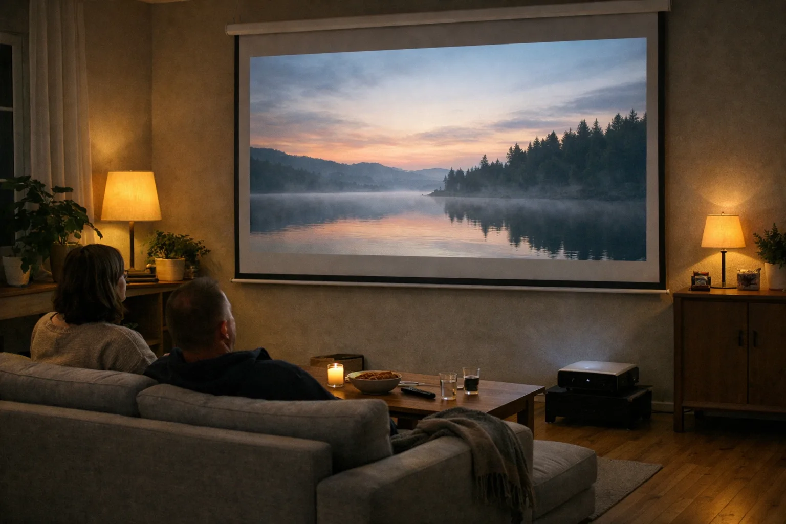 Nedrullad projektorduk med bild i ett vardagsrum.