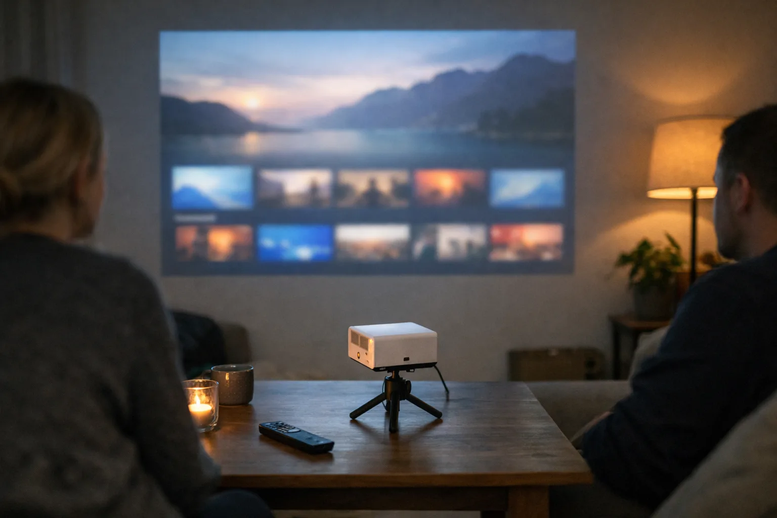 Smart projektor med streaming i ett vardagsrum.