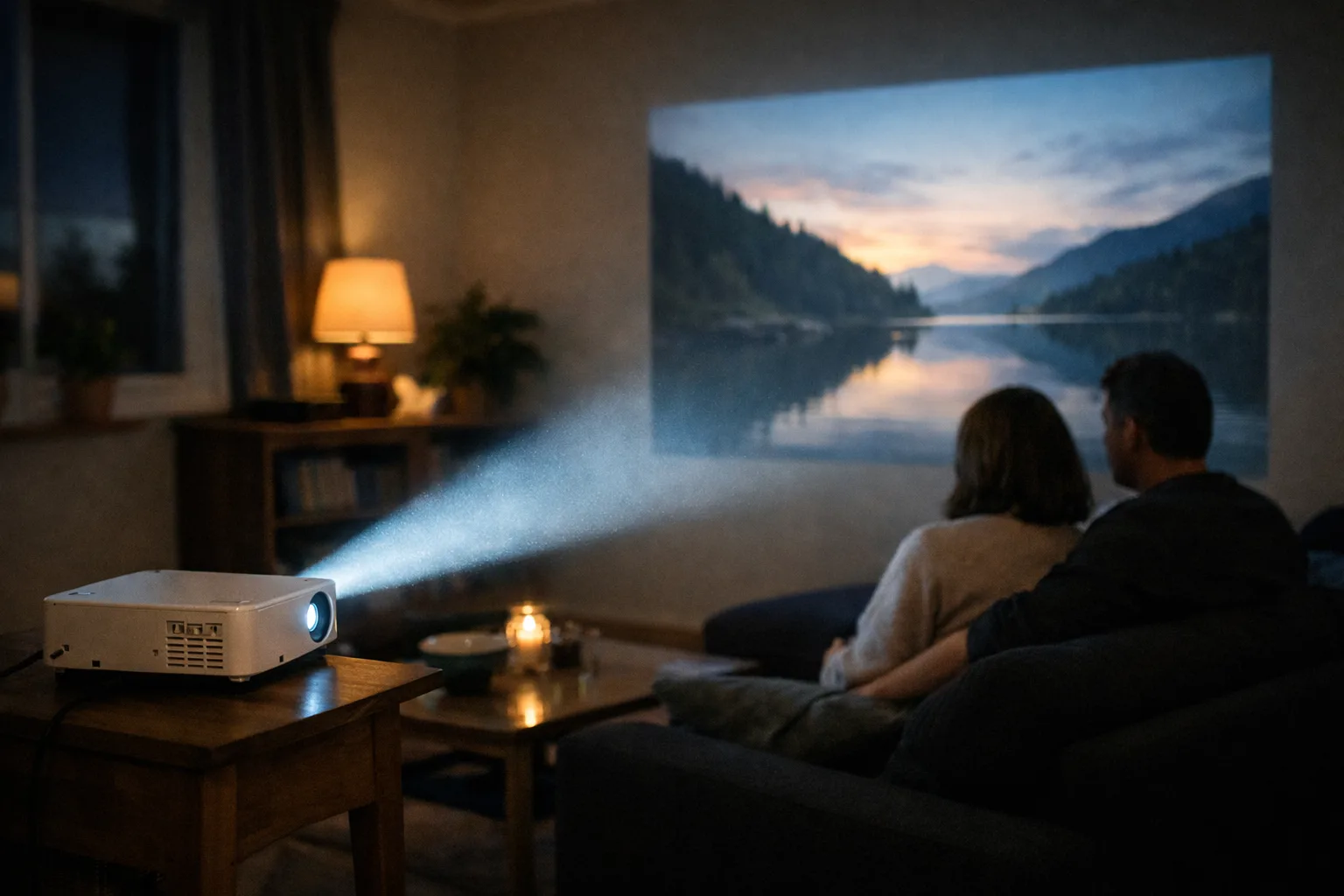 Ljuskäglan från en projektor mot en vägg.