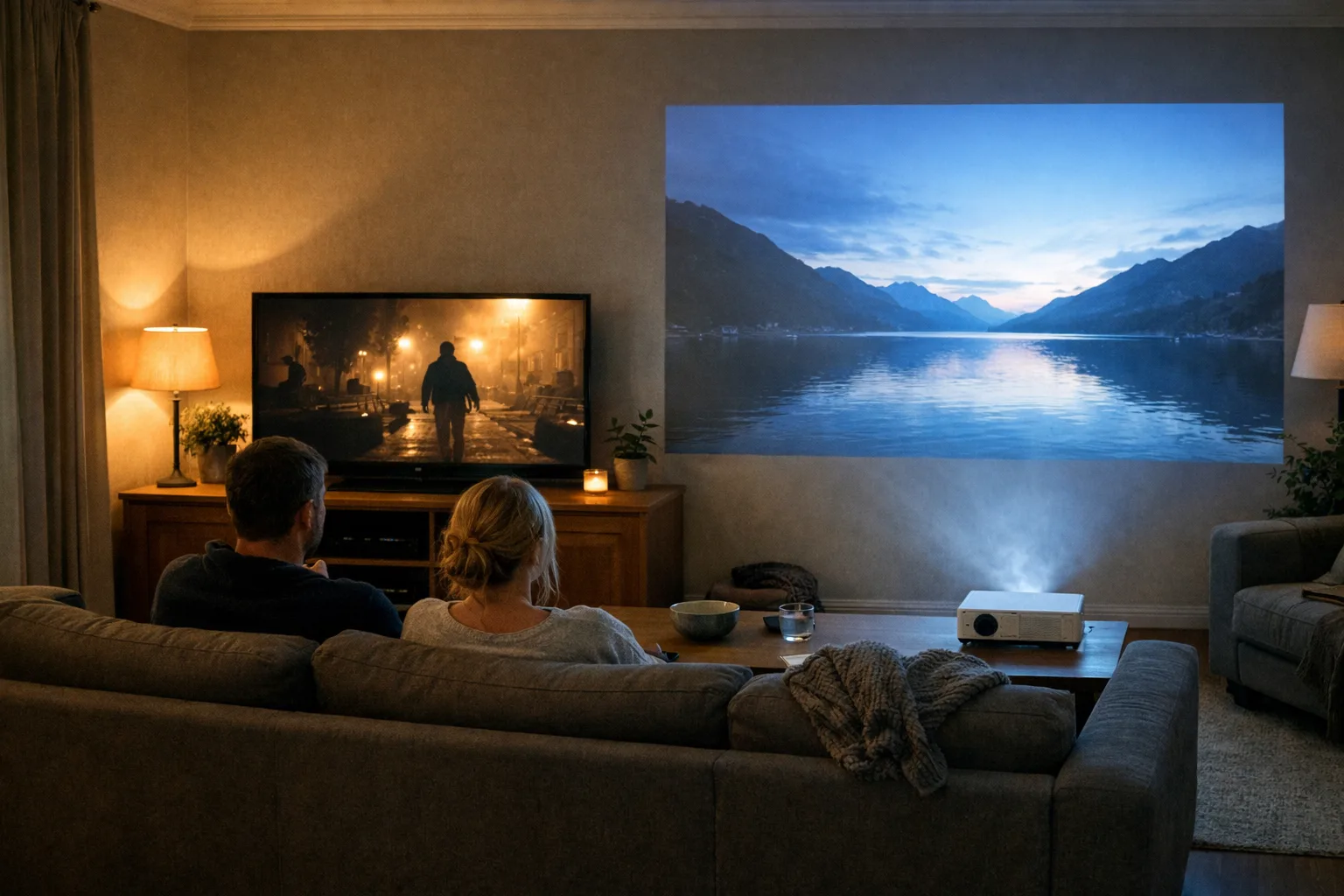 Vardagsrum med både tv och projicerad bild.